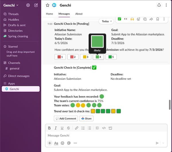 A Genchi confidence vote prompt in Slack, answered on a one-to-five scale